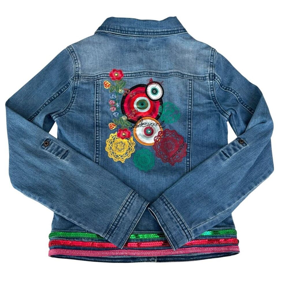 Desigual Girls Denim Jacket Size 11/12 Blue Embroidered Sequin Jean Jacket